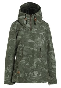 Grön camouflagemönstrad jacka med huva, som har en fjärdedels dragkedja, brun dragkedja, justerbara snoddar och två framfickor.