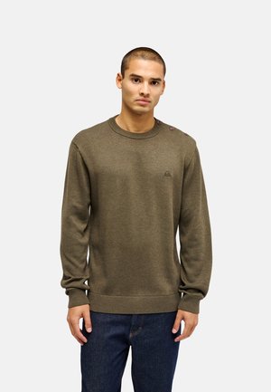 Junger Mann trägt einen olivgrünen Pullover mit Schulterknöpfen und dunkelblaue Jeans, steht vor einem einfarbigen Hintergrund.