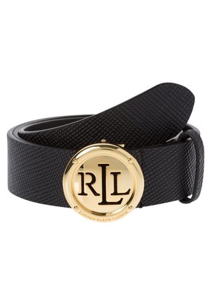 Ceinture noire texturée avec une boucle ronde dorée ornée des lettres en relief "RL" et un petit texte "Lauren Ralph Lauren" autour du bord.
