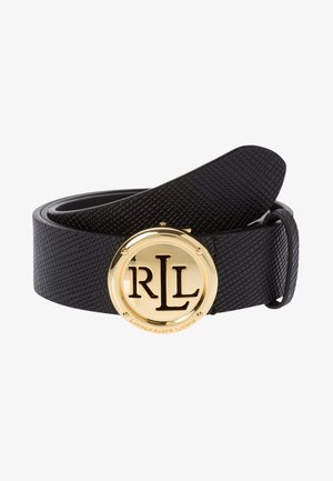 Ceinture noire texturée avec une boucle ronde dorée ornée des lettres en relief "RL" et un petit texte "Lauren Ralph Lauren" autour du bord.