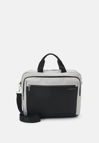 Schwarze und graue Laptoptasche mit einem strukturierten Design, aus Stoffmaterial, mit oberen Griffen und einem verstellbaren Schultergurt, ausgestattet mit einer Front-Reißverschlusstasche.