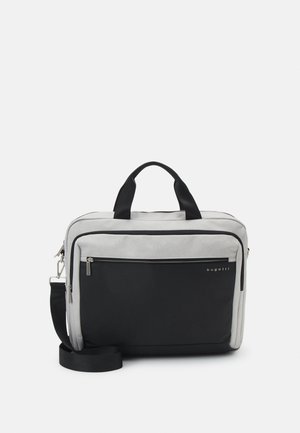 Bolsa para laptop en negro y gris con un diseño estructurado, material de tela, asas superiores y una correa de hombro ajustable, que incluye un bolsillo frontal con cremallera.