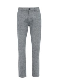 Pilkos austos kelnės su subtilia tekstūra, siauras siluetas ir standartinis diržas su sagos uždarymu. Puikiai tinka kasdieniam arba pusiau oficialiam dėvėjimui.