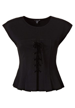 Black short-sleeve fitted top with round neckline and velvet lace-up detail on the front.