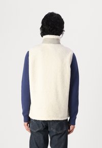 Men's sleeveless fleece vest in cream with a soft, textured exterior; features a gray collar and blue long-sleeve shirt underneath.