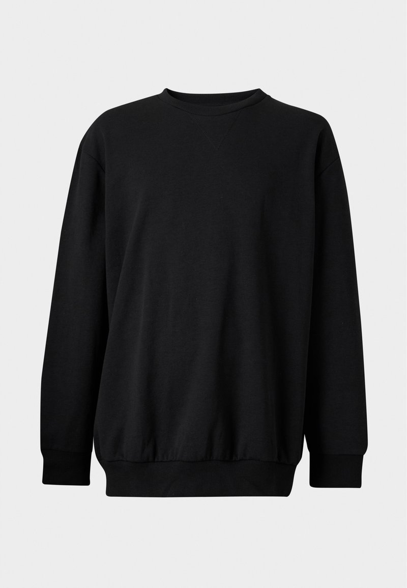 Sweat-shirt noir à manches longues avec col rond, poignets et ceinture côtelés, design uni sur fond gris clair.