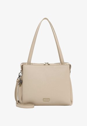 Beežist sünteetilisest materjalist käekott topeltkäepidemete ja eemaldatava õlarihmaga. Varustatud tõmblukuga sulgemise ning ees väikese logoga.