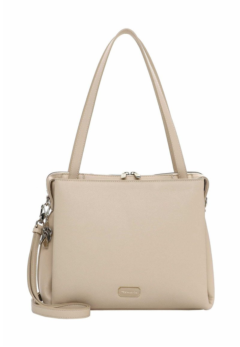 Beige syntetisk håndtaske med to håndtag og en aftagelig skulderrem. Har lynlåslukning og en diskret logo foran.