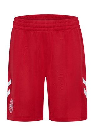 Rote Sportshorts mit elastischem Taillenbund, weißen schrägen Streifen an den Seiten und einem runden Teamlogo am unteren linken Bein.