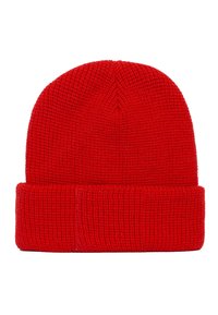 Beanie rosso a maglia con texture a coste, risvolto e parte superiore senza cuciture. Realizzato in tessuto caldo adatto per le giornate fredde.