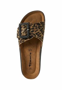 Luipaardprint slide-sandaal met een bovenwerk van bruin suede, een zwarte gesp en een kurk-achtige voetbed. Zwarte zool accentueert het ontwerp.