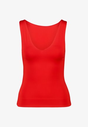 Top rosso senza maniche con scollatura a V, realizzato in tessuto morbido, design attillato e finitura senza cuciture lungo i bordi.