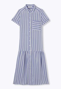 Robe chemise en bleu clair avec des rayures verticales blanches, manches courtes, col, fermeture à boutons sur le devant et une jupe froncée.