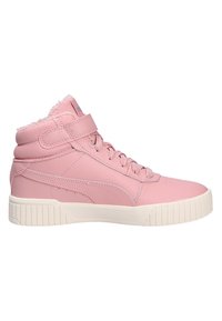 Roze hoge sneakers met een gladde leren buitenkant, een fluffy kraag, rubberen zool en een gevoerde enkelsluiting voor extra ondersteuning.