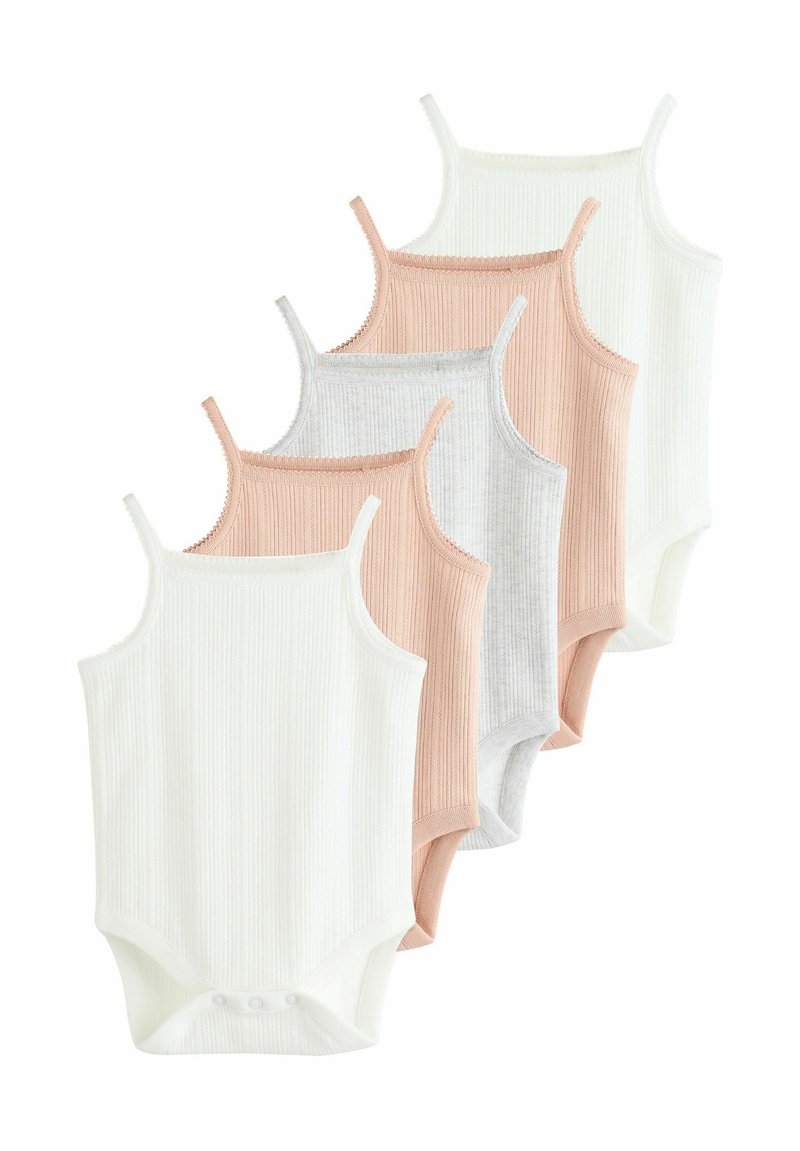 Set di cinque body per neonati in tessuto a costine. I colori includono bianco, rosa chiaro, grigio e beige. Presentano spalline sottili e chiusure a scatto.