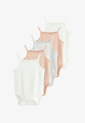 Fem ribstrikkede ærmeløse babybodyer i hvid, lyserød og lysegrå, arrangeret overlappende i en lodret række.