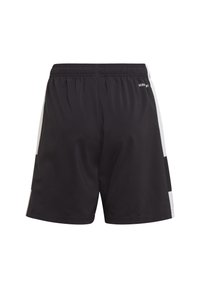 Schwarze Sportshorts mit glatter Textur, elastischem Bund und kontrastierenden weißen Seiteneinsätzen. Das Markenlogo ist in der Nähe des Bundes aufgedruckt.