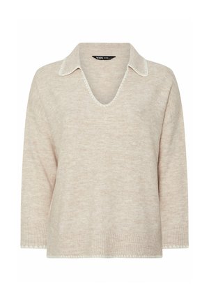 Hellbeige Pullover mit V-Ausschnitt und Kragen-Design. Besitzt gerippte Bündchen und Saum sowie eine strukturierte Strickoberfläche.