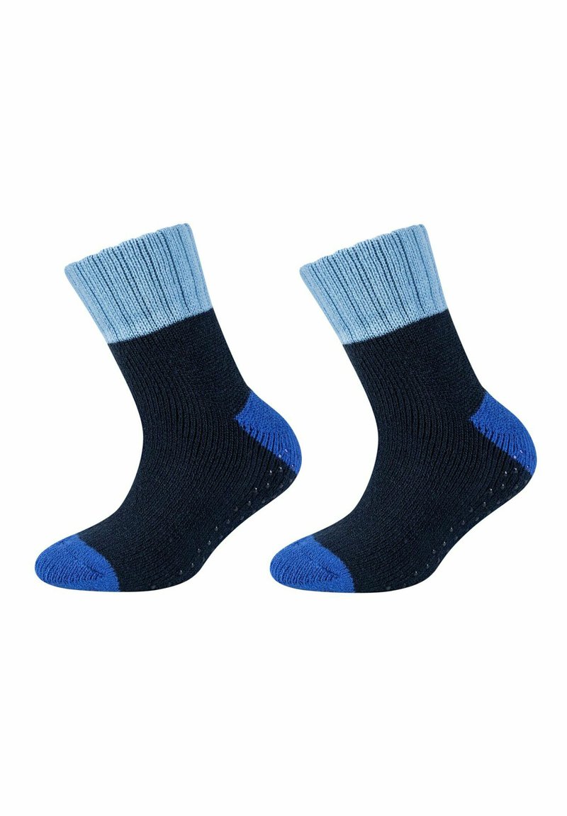 Calze di cotone con un bordo a coste azzurro chiaro, corpo blu scuro e punta blu. Design texturizzato con tallone e punta rinforzati per una maggiore durata.