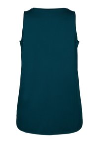 Bezramiona bluzka w kolorze ciemnego teal, wykonana z gładkiej tkaniny. Okrągły dekolt, luźny krój i zaokrąglony dół bez widocznych wzorów czy akcentów.