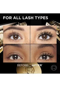 Fire close-ups af brune øjne viser naturlige vipper før og længere, fyldigere vipper efter påføring af mascara på lyse og mørke hudtoner.