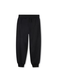 Μαύρο παντελόνι jogger από απαλό ύφασμα, με ελαστική μέση και εφαρμοστά μανσέτες. Λείο υφή χωρίς εμφανή σχέδια ή διακοσμητικά στοιχεία.