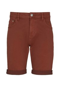 Shorts couleur rouille en denim, dotés d'un design classique à cinq poches, d'ourlets retroussés et de ferrures métalliques à la taille.