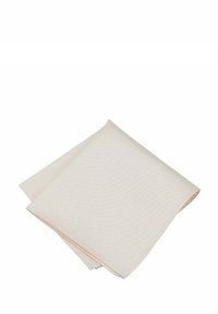 Beige Tischdecke mit strukturierter Oberfläche, rechteckiger Form, in der Mitte gefaltet, mit subtilen Farbnuancen und glatter Oberfläche.