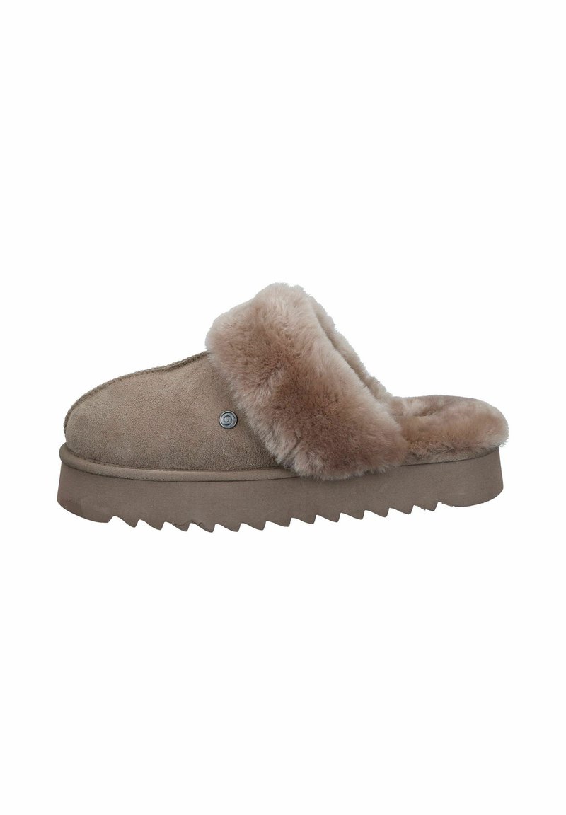 Beige suede slippers with a fluffy cream fur trim, rounded front, and a textured, chunky sole. Accented with a small logo detail.
