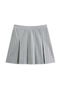 Jupe plissée grise en tissu léger avec des rayures verticales. Dispose d'une taille ajustée et de plis verticaux pour plus de mouvement.
