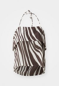 Smeđi i krem off-the-shoulder top s uzorkom zebra pruga, napravljen od lagane tkanine, s podesivim vezicama i raširenim rubom.
