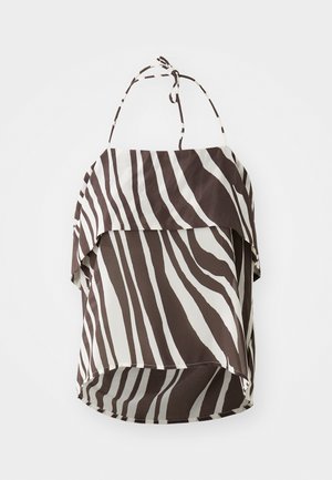 Rjava in krema off-the-shoulder zgornji del s potiskom zebra, izdelan iz lahkega materiala, z nastavljivimi trakovi in razširjenim robom.