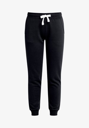 Black sweatpants made of cotton blend, featuring a drawstring waist and ribbed cuffs. Includes two side pockets for convenience.