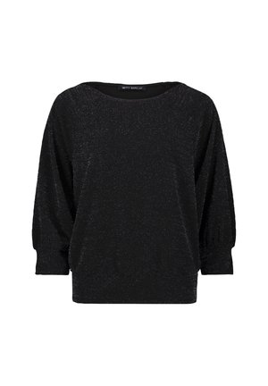Schwarzer Pullover mit lockerer Passform, rundem Halsausschnitt, dreiviertel Ärmeln und schimmernder Textur, die dezente Glitzerpartikel enthält.