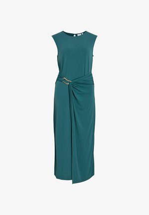 Robe midi sans manches couleur sarcelle, avec encolure ronde, détail froncé à la taille et deux accents de boucles dorées sur le côté gauche.