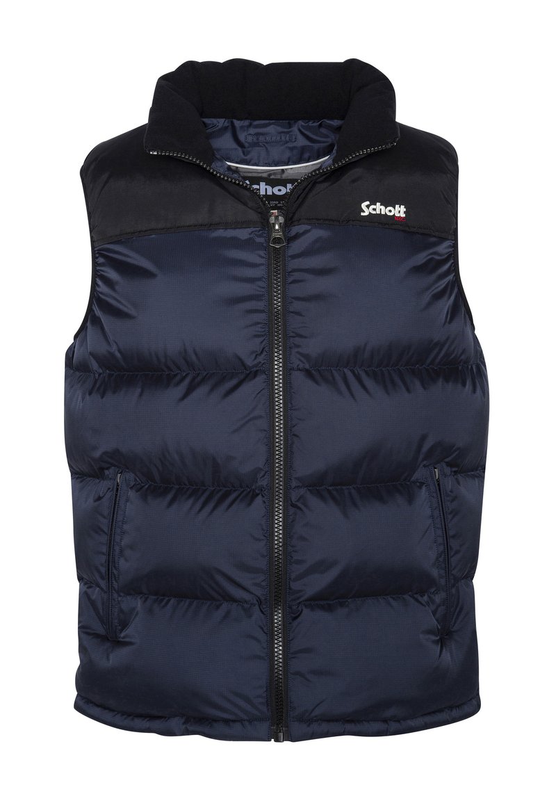 Gilet imbottito blu navy con colletto alto, chiusura zip frontale e tasche laterali. La parte superiore è realizzata in tessuto nero. Logo del marchio sul lato sinistro del petto.