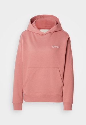 Rosa huvtröja i mjuk tyg, med en frontficka, ribbstickade ärmslut och broderad logotyp på bröstet.