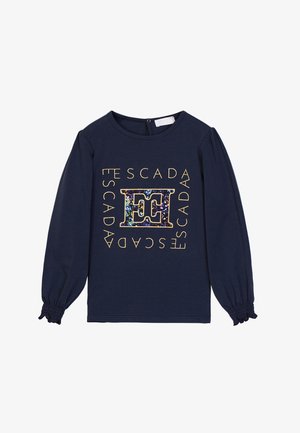 Marineblaue Langarmbluse mit elastischen Bündchen, ausgestattet mit einem goldenen und holografischen Escada-Logo und Text, die in einem geometrischen Muster angeordnet sind.