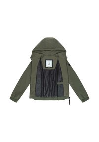 Giacca verde leggera con cappuccio, dotata di una fodera interna liscia e polsini a coste. Comprende una piccola tasca interna e un'etichetta del marchio.