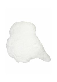 Cuscino in pelliccia sintetica bianca con una forma irregolare e morbida. La texture soffice offre comfort, caratterizzato da una superficie liscia e bordi arrotondati.