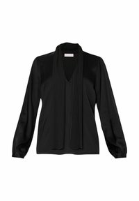 Blusa nera a maniche lunghe con scollo a V, dettagli plissettati e sciarpa al collo. Tessuto morbido con una finitura leggermente lucida; polsini arricciati.