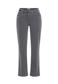 Graue Jeans aus Denim mit geradem Bein, ausgestattet mit fünf Taschen, einem vorderen Knopfverschluss und dezenten Nähten.