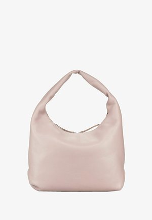 Sac à bandoulière en cuir rose avec une silhouette courbée, une texture douce et une fermeture éclair supérieure. Doté d'une seule poignée rembourrée pour un transport facile.