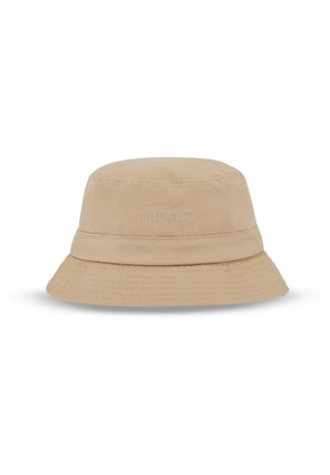 Chapeau bob en coton beige avec nom de marque brodé "Johnny Urban" sur le devant, comprenant des détails cousus autour du bord.