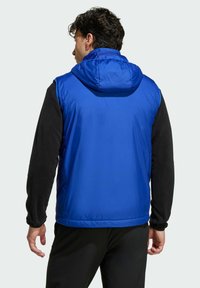 Blå ärmlös väst med en slät, glänsande yta och huva. Kombination med en svart långärmad skjorta under och mörka byxor.