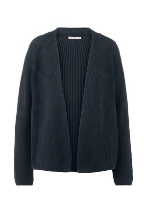 Cardigan lavorato a maglia di un grigio scuro con texture a coste, design aperto frontale e spalle scese. Materiale morbido, versatile per sovrapposizioni.