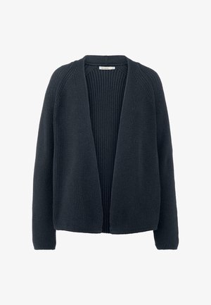 Cárdigan de punto gris oscuro con textura acanalada, diseño de frente abierto y hombros caídos. Material suave, versátil para usar en capas.