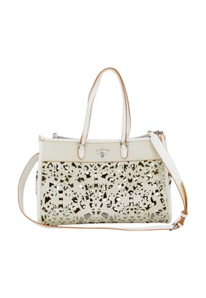 Borsa bianca con design a ritagli, dettagli beige e tracolla. Presenta una forma strutturata e un marchio sul davanti. Materiale testurizzato.