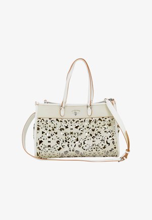 Borsa bianca con design a ritagli, dettagli beige e tracolla. Presenta una forma strutturata e un marchio sul davanti. Materiale testurizzato.