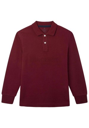Bordeauxrode polo met lange mouwen gemaakt van katoen, voorzien van een drieknoopssluiting en een reliëflogo op de voorkant. Soepele textuur.